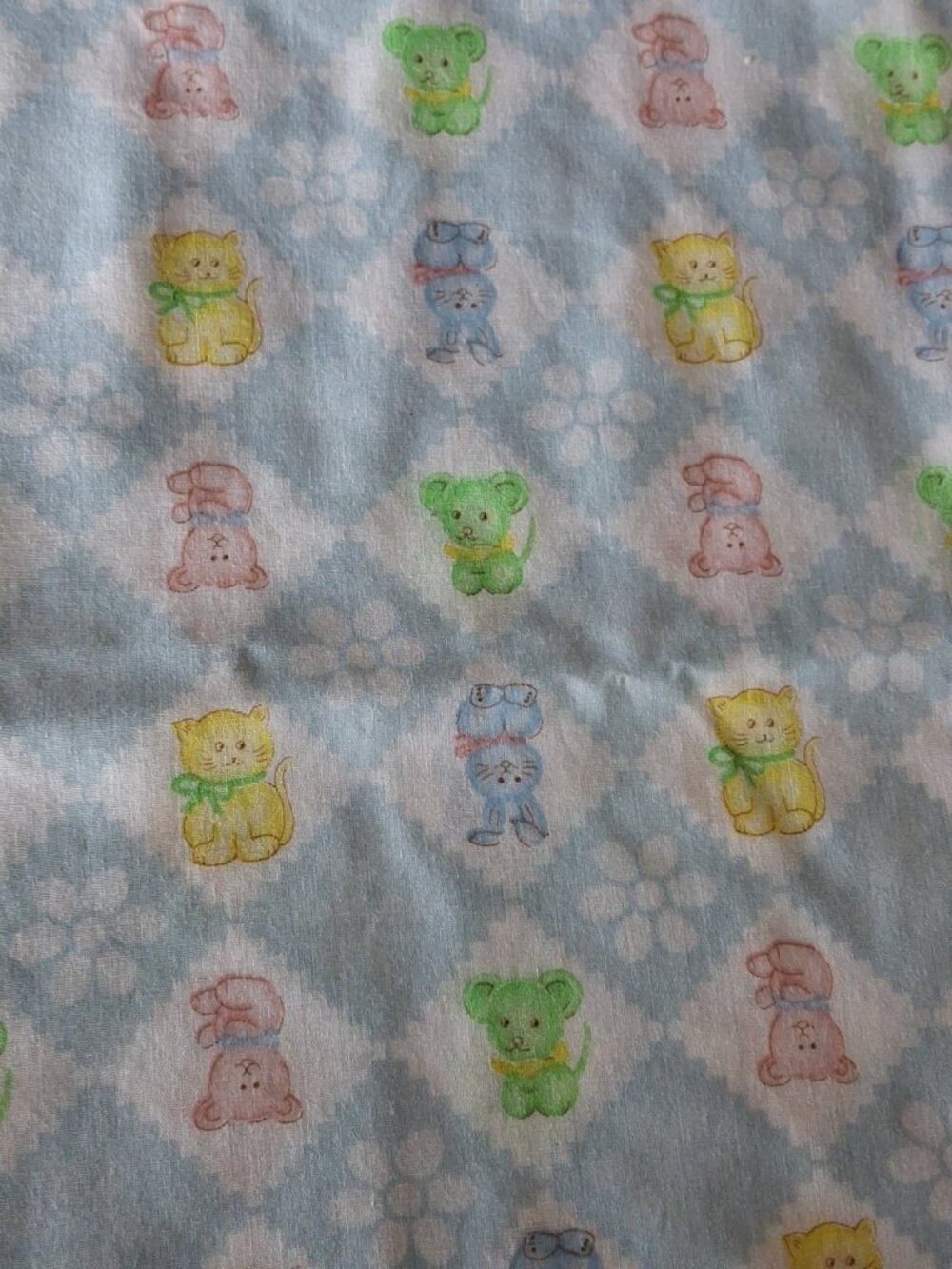 Vintage Blue Checkered Square Baby Animals, Kitschy, Cotton fabric-1.5 yd x44"